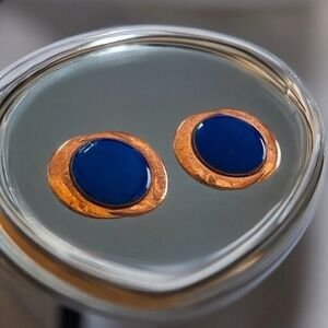 Antique Copper Blue Glass Button Clip On Earrings 1.25" Signed Genuine Copper